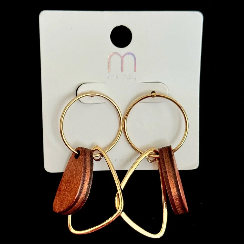 Gold Tone Geometric Dangle Earrings w/ Orange Wood Accents - Picture 2 of 3